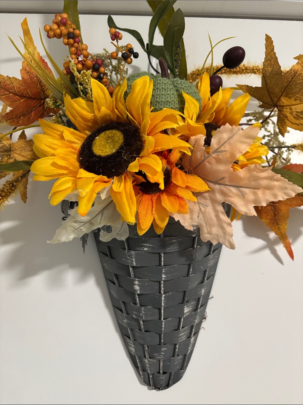 Hand Crafted Yellow Sunflower Wall Cone with Autumn Accents